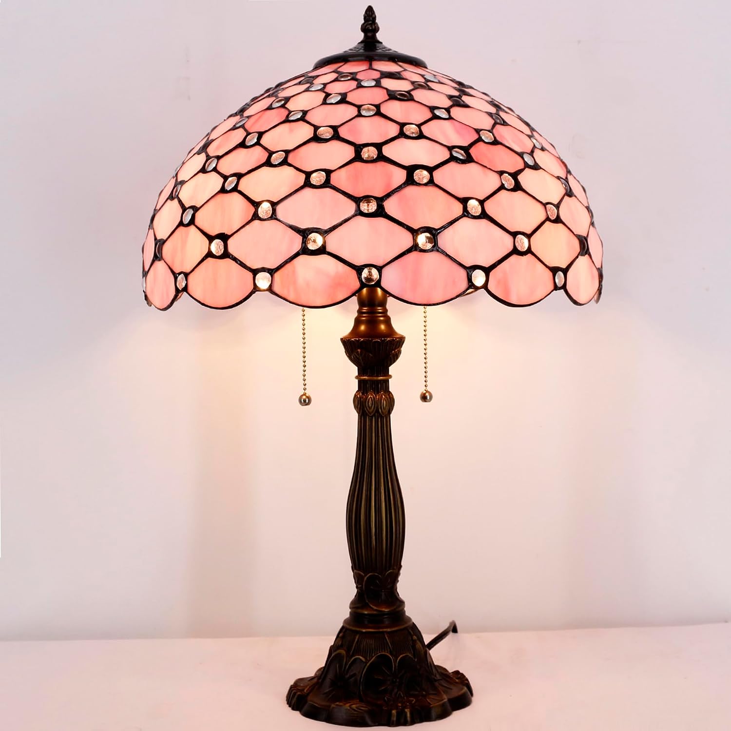 WERFACTORY Tiffany Table Lamp Stained Glass Bedside Lamp 16X16X24 Inches Pink Pearl Bead Desk Reading Light Resin Base Decor Bedroom Living Room Home Office S005P Series (Pink Bead)