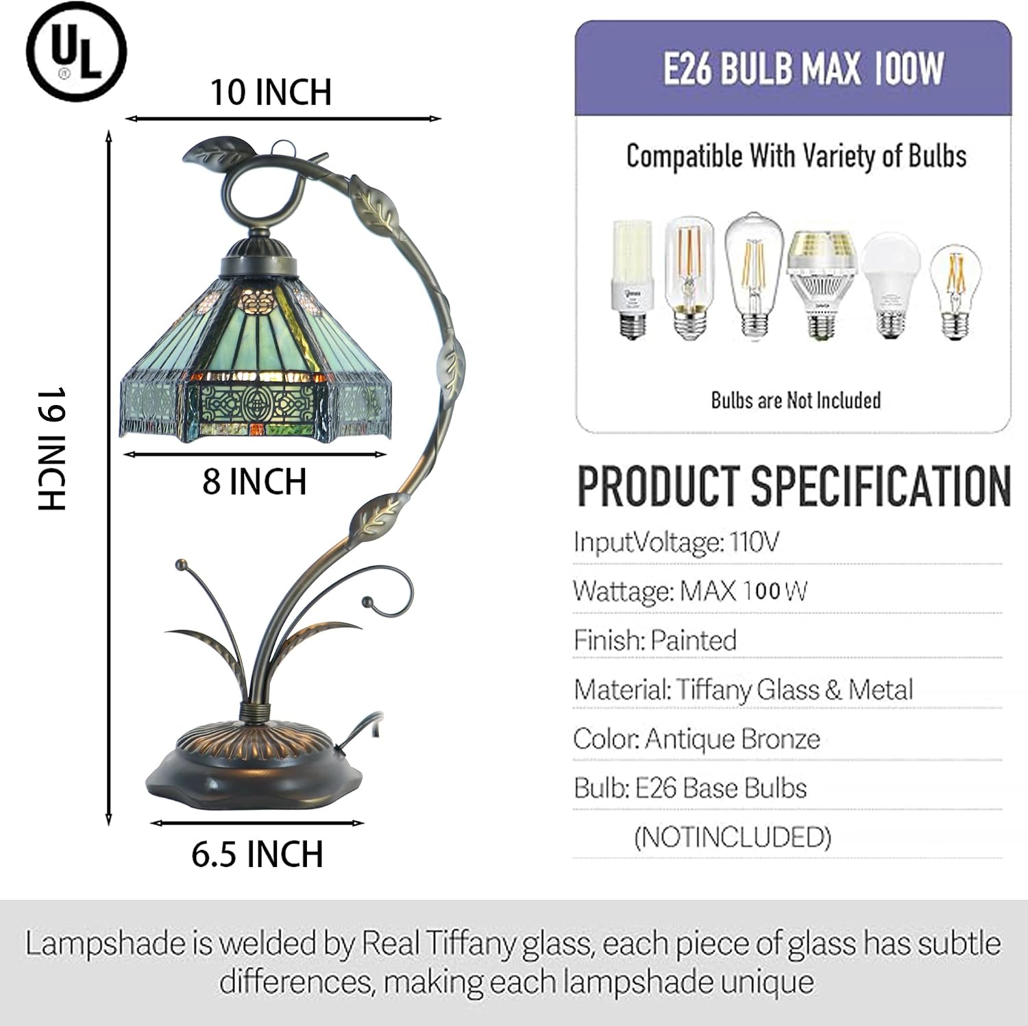 Tiffany lamp Stained Glass Table Lamp, Mission Style Desk Reading Light with Metal Leaf Base, 8X10X19 Inches (Mission Style)