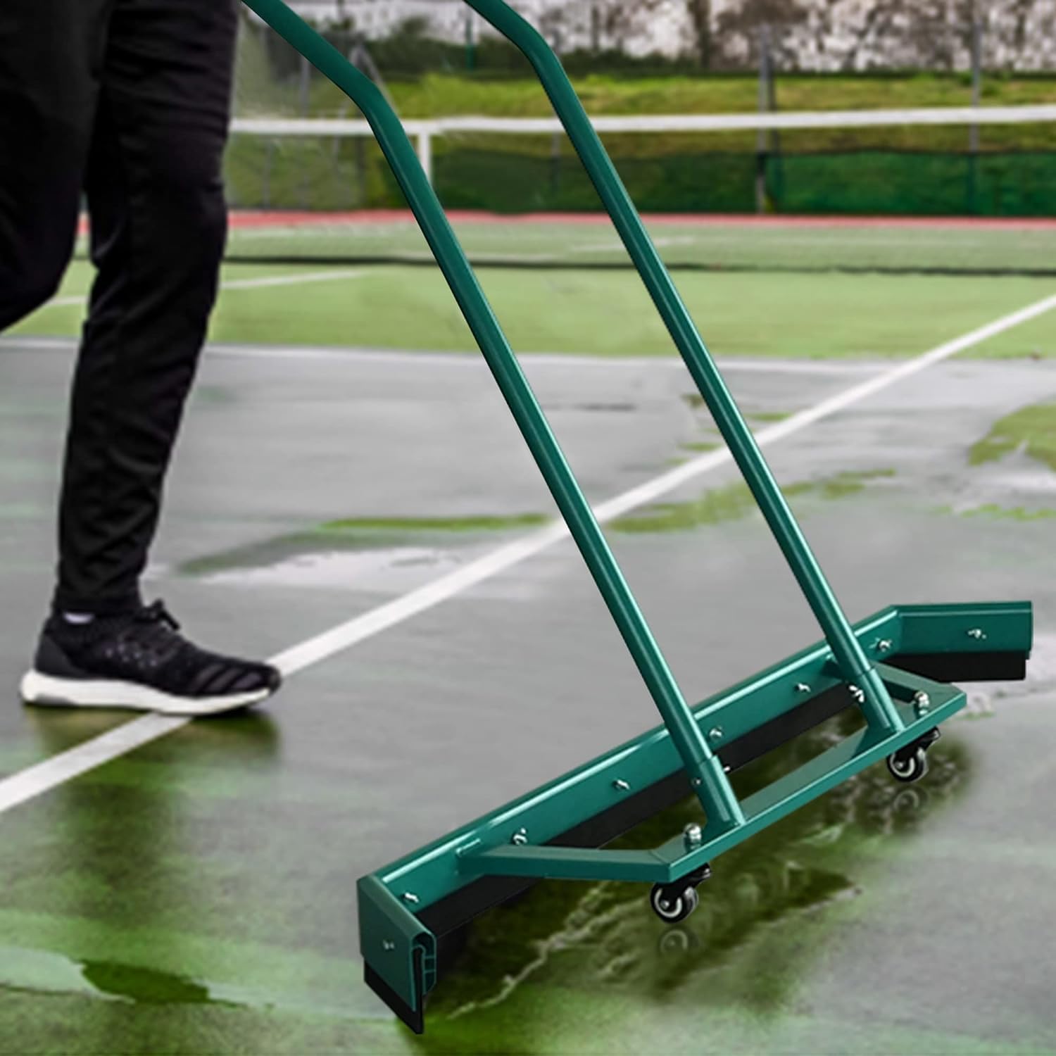 AIWFL 4.3FT Aluminium Alloy Sport Tennis Court Squeegee with Wheels, Tennis Court Rain Shuttle with Additional 2 EVA Foam Blade, Professional Squeegees Floor Water Remover Squeegee Broom, Green