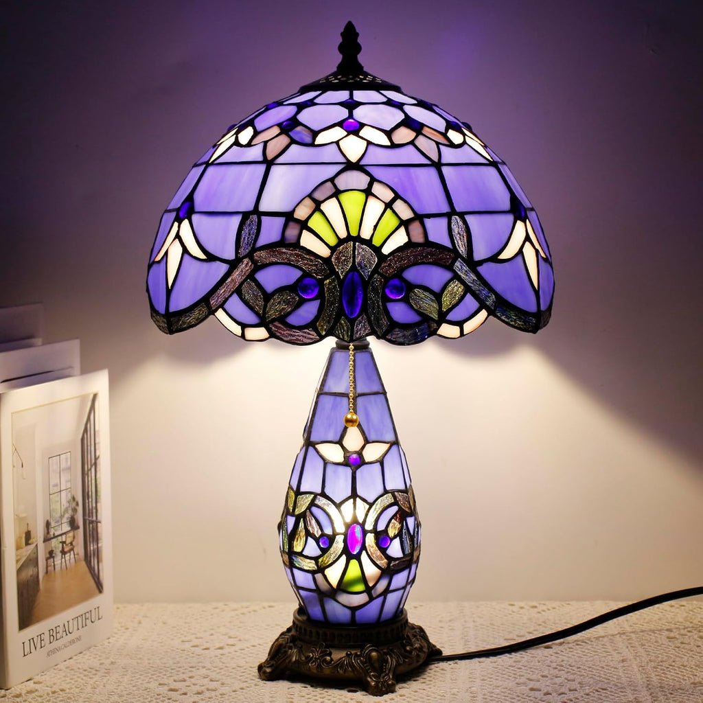 Tiffany Style Lamp Blue Baroque Stained Glass Table Lamp 12X19 Inches Mother-Daughter Vase Desk Reading Light Decor Bedroom Living Room Home Office