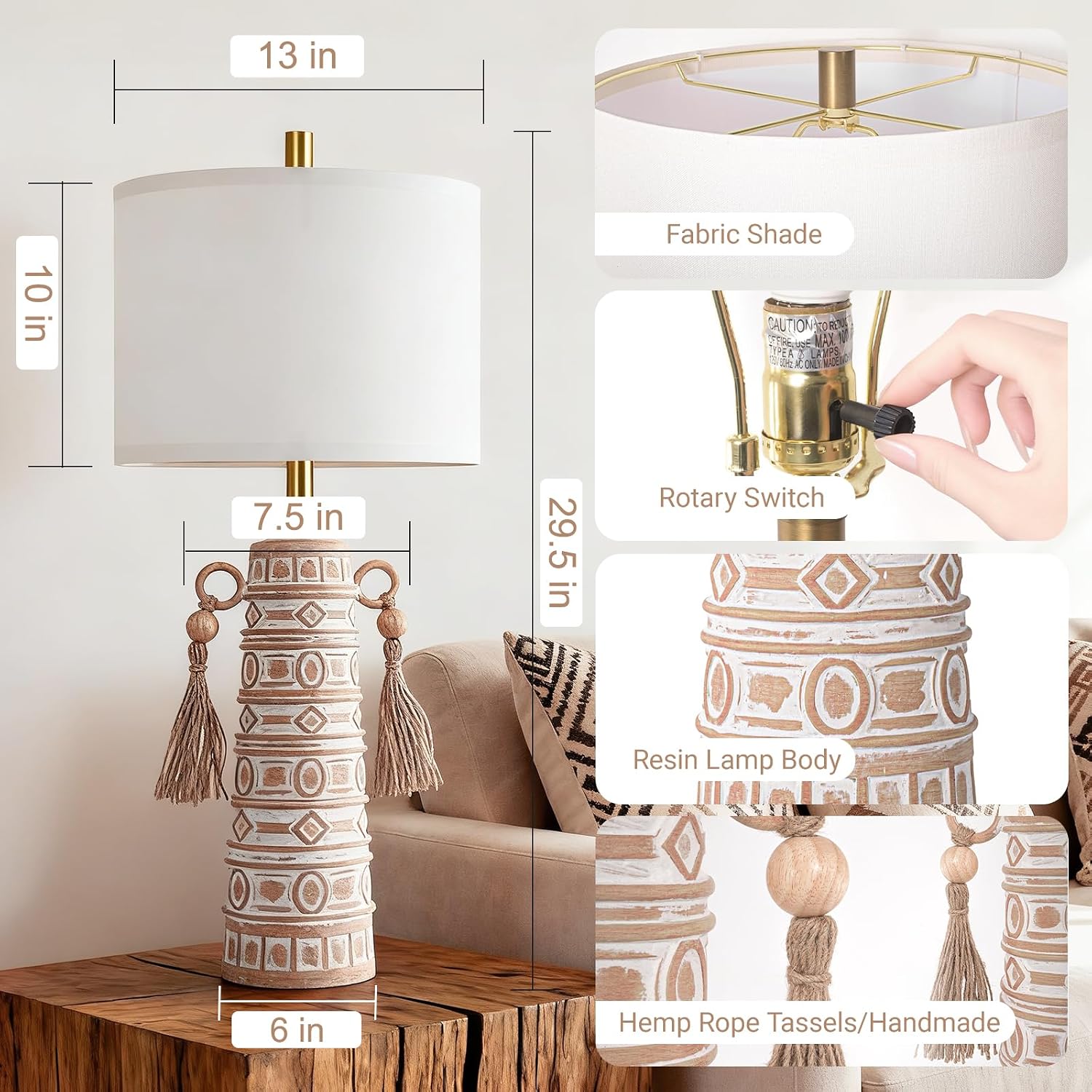 30'H Tall Boho Table Lamp Set of 2 for Bedroom Living Room, Handmade Tassels Antique Bedside Lamp, Adjustable with Memory Function Bulb, Linen Shade, Rotary Switch Resin Lamp for Nightstand Decor