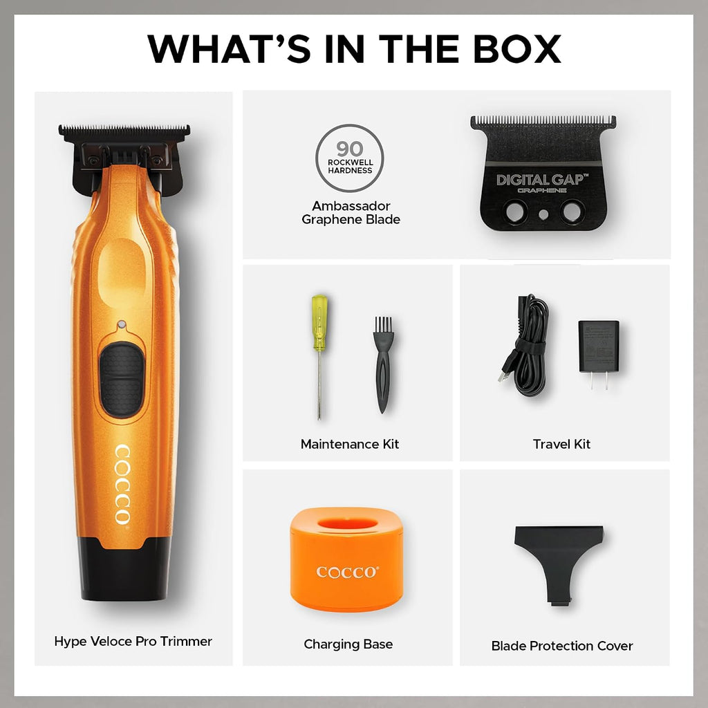 Cocco Hyper Veloce Pro Trimmer, Digital Gap Graphene Blade Edger, High-Torque Brushless BLDC Motor, Cordless, All-Metal Design, Lithium-Ion Battery, Charging Base Included