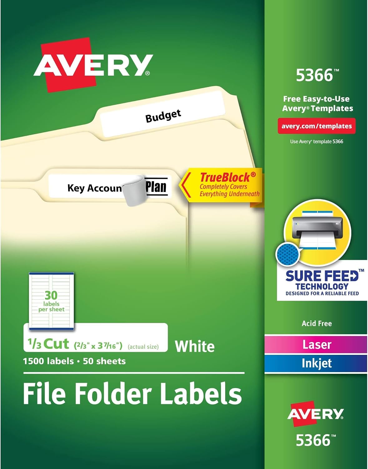 Avery TrueBlock File Folder Labels,2/3' x 3-7/16',1,500 Printable Labels,White,Permanent (5366),(Pack of 5)