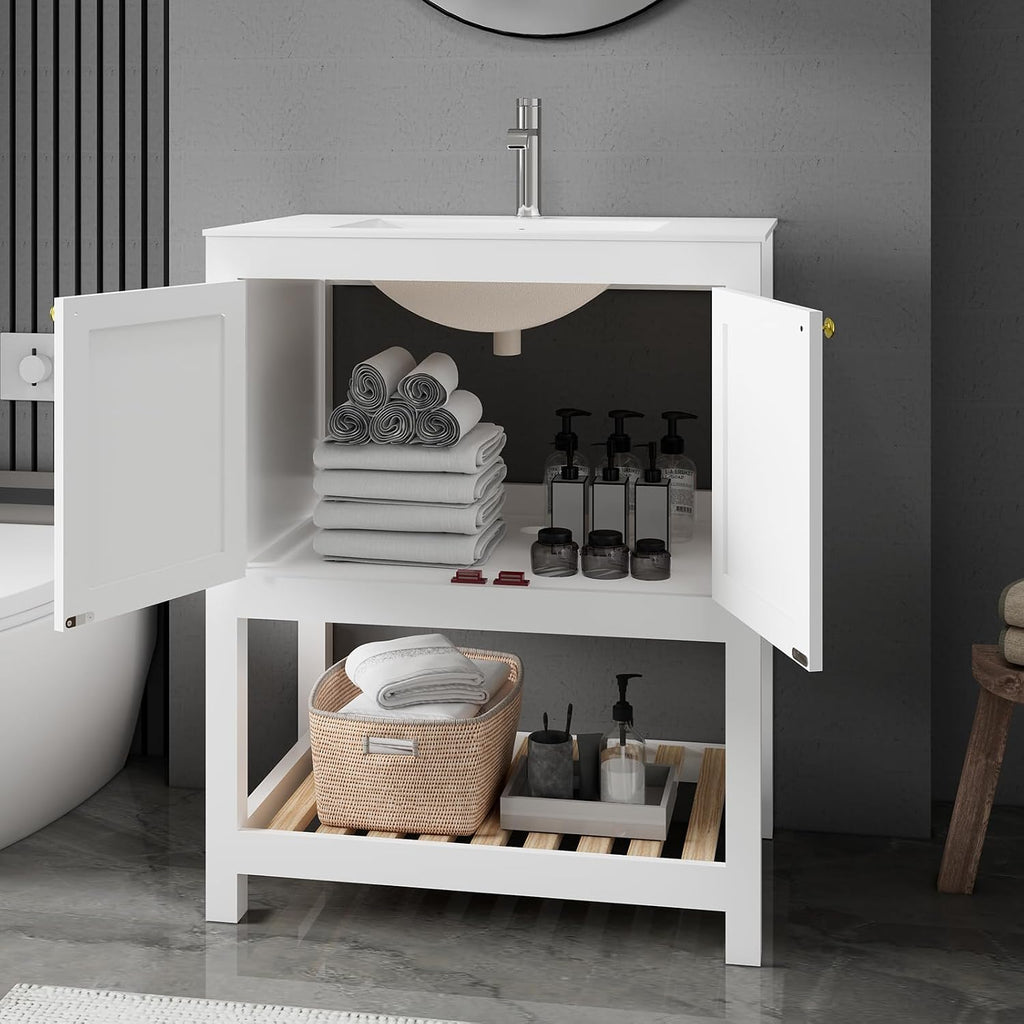 30 Inch Bathroom Vanity with Sink, Modern Bathroom Sink Cabinet with Open Shelf, Ceramic Basin, Freestanding Bathroom Vanities, White