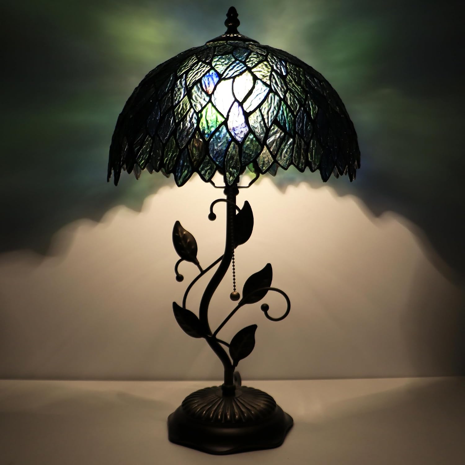 Tiffany Lamp Multicolor Leafage Style Stained Glass Table Lamp Desk Bedside Reading Light 12X12X19 Inches with Metal Leaf Base