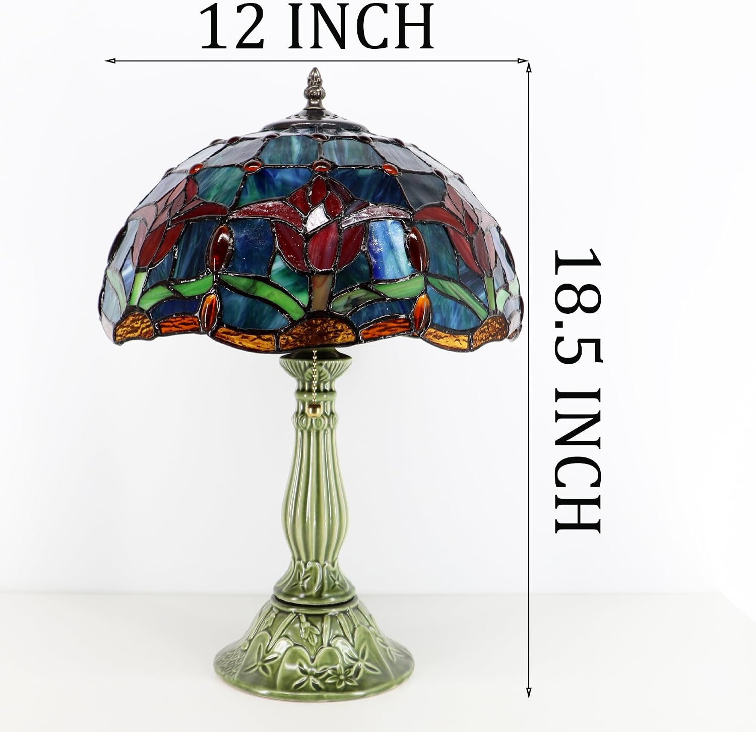 Tiffany Lamp Stained Glass Table Lamps Red Blue Tulips Style Desk Lamp 12X12X18.5 Inch Bronze Ceramic Base Reading Light Suitable for Bedside Bedroom Living Room Dining Room Office