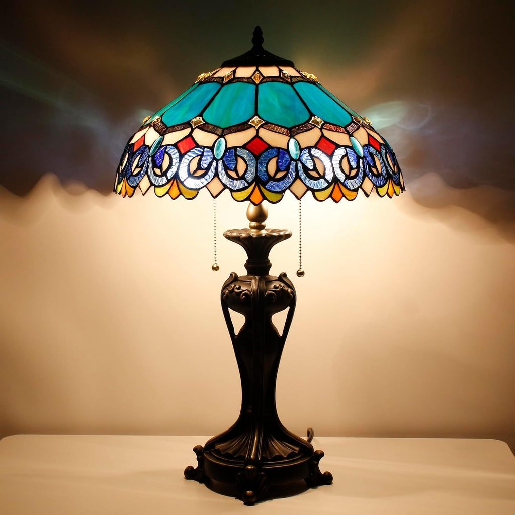 Tiffany Lamp(2 Lights) Stained Glass Table Lamp Bedside Desk Reading Light 16X16X24 Inch Decor Bedroom Living Room Home Office (Blue Baroque)