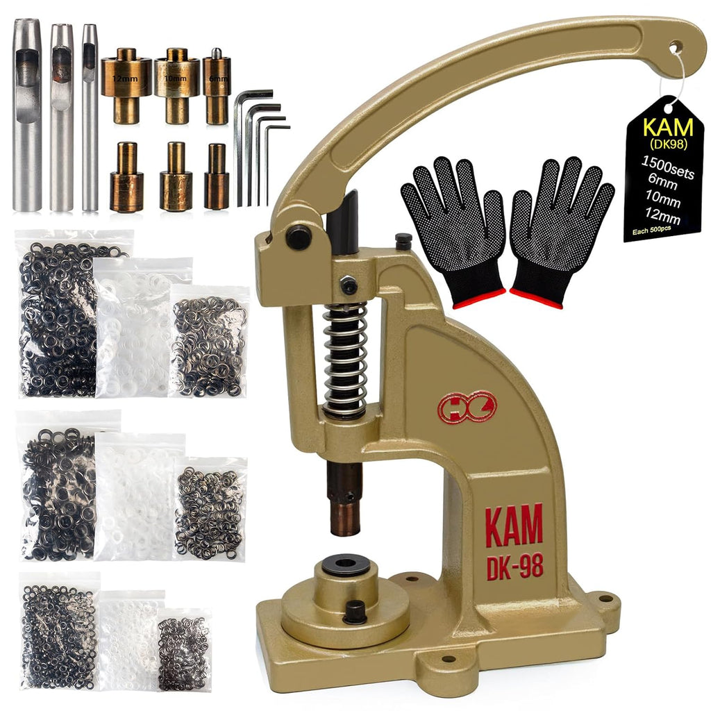 DK98 Upgraded Have Duty Hand Press Grommet kit with Eyelet Punch Tool kit.3 Dies and 1500 Pcs Grommets for Fabric tarps Curtains Paper Leather and Canvas
