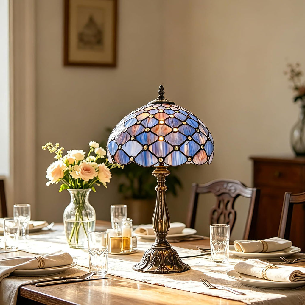 Tiffany Lamp Vintage Deep Blue Stained Glass Bead Table Lamp Desk Bedside Reading Light Decor Bedroom Living Room Home Office D12*H18 Inches