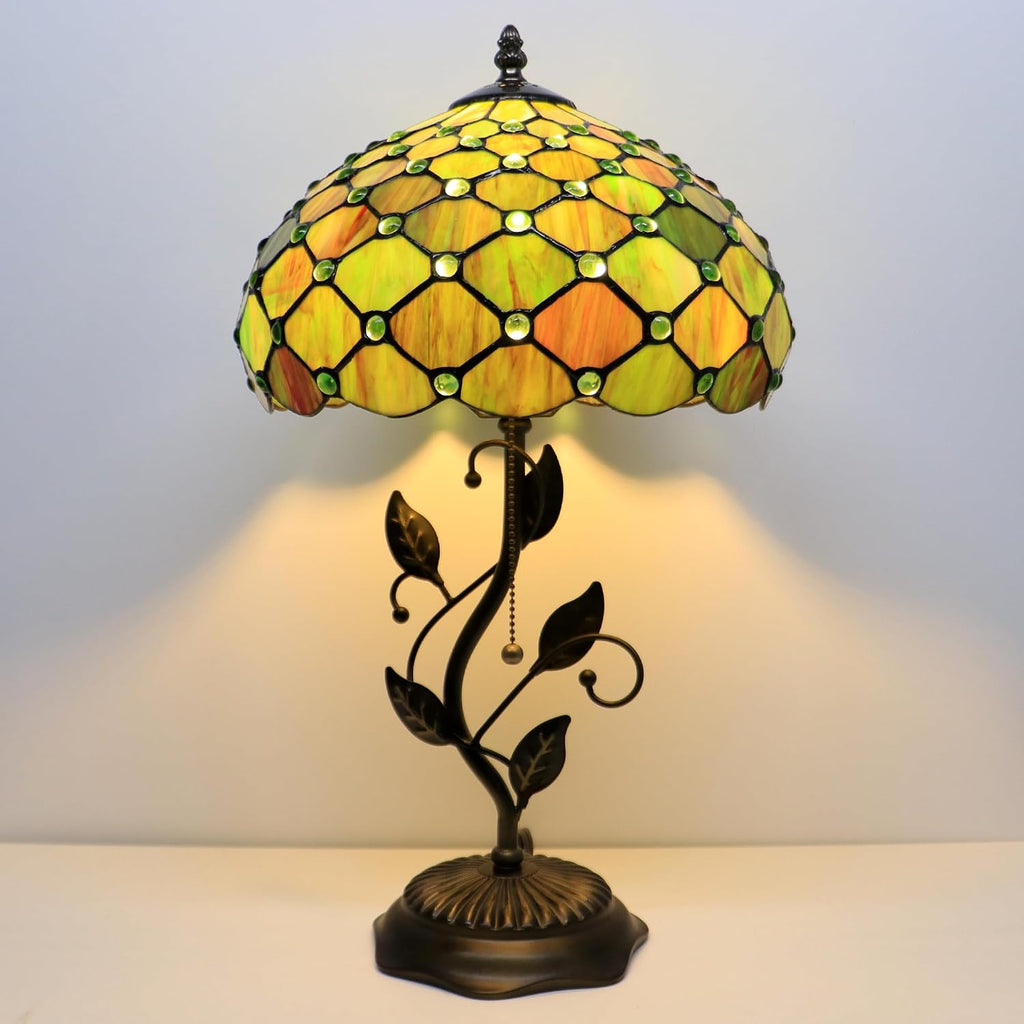 Tiffany Lamp Brownish Green Pearl Style Stained Glass Table Lamp Desk Bedside Reading Light 12X12X19 Inches with Metal Leaf Base