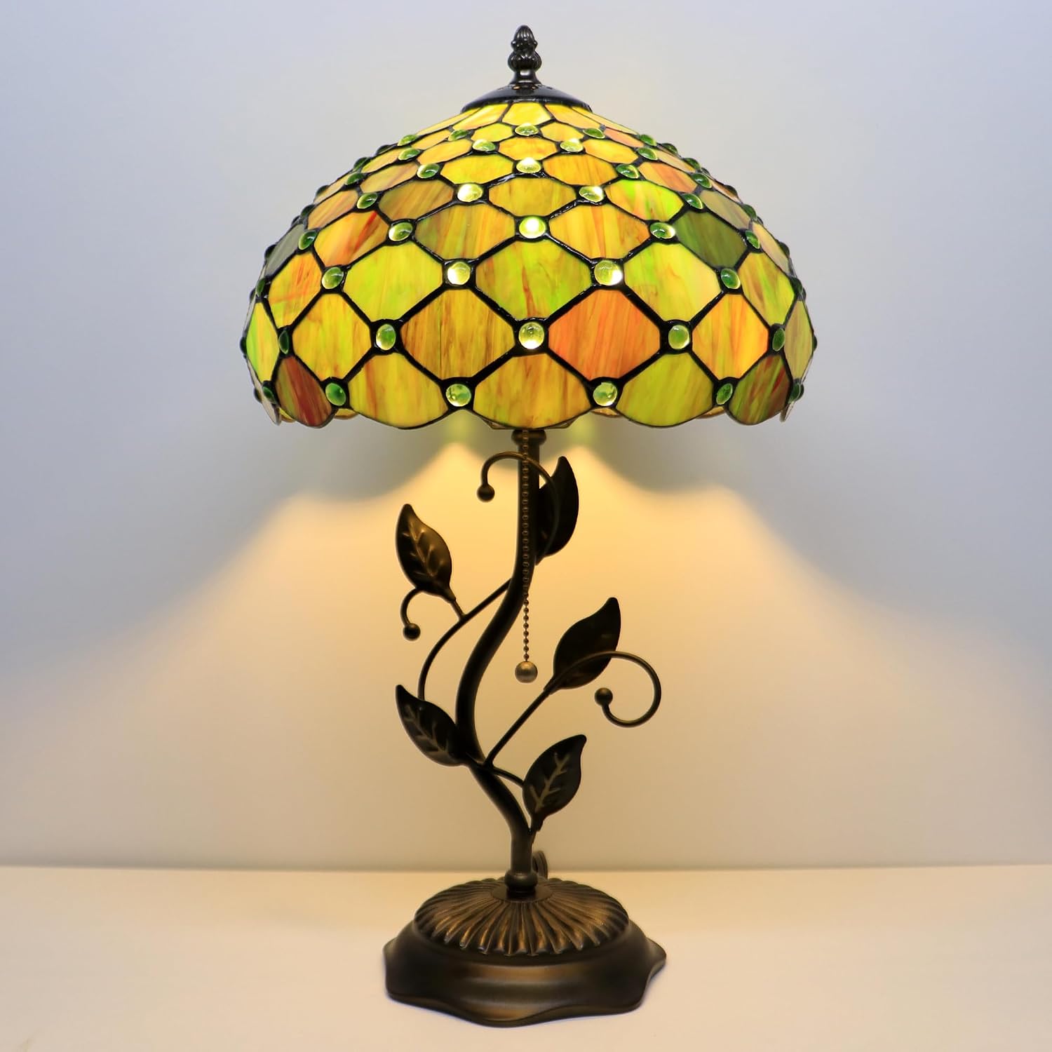 Tiffany Lamp Brownish Green Pearl Style Stained Glass Table Lamp Desk Bedside Reading Light 12X12X19 Inches with Metal Leaf Base