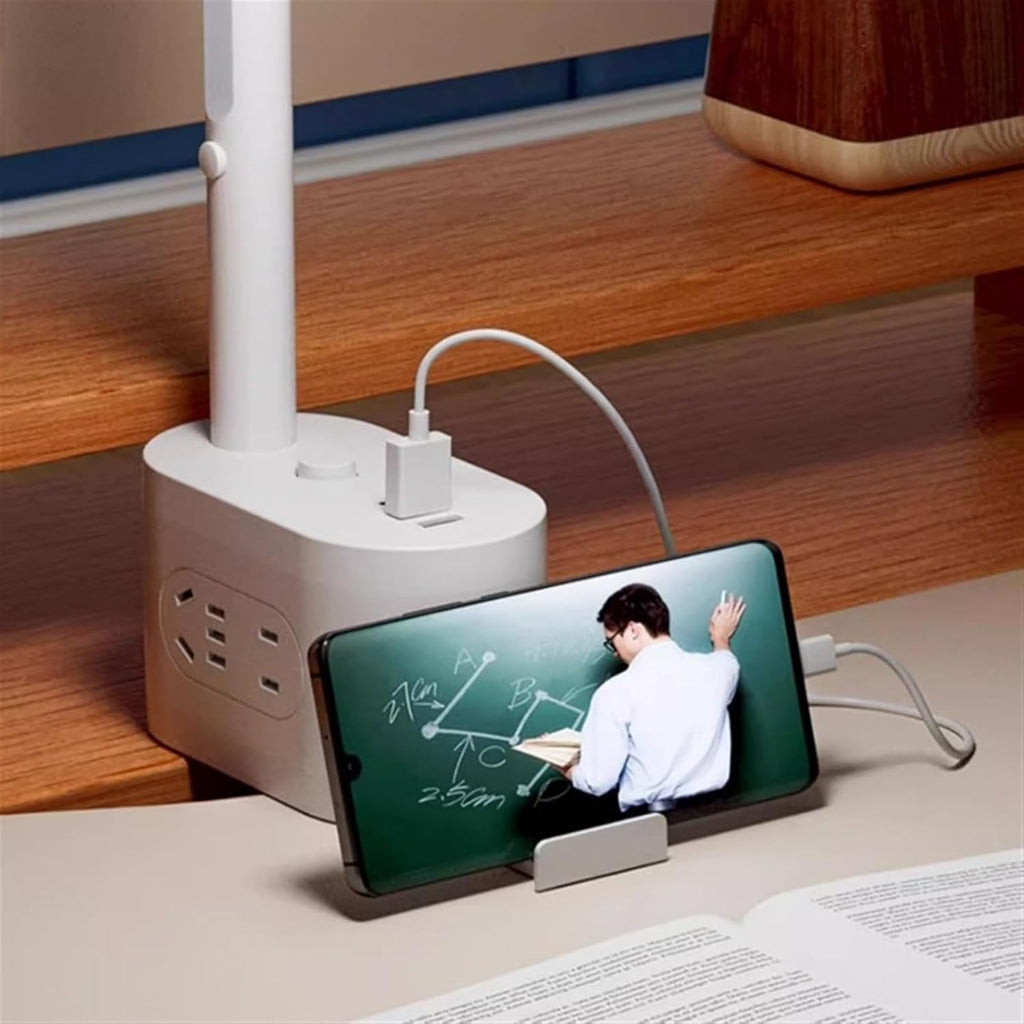 LED Desk Lamp LED Desk Lamps for Home Office - 2 USB Charging Port and AC Power Outlets, Button Switch Dimmable 3 Color Modes, Night Light and Phone Holder Desk Lamp