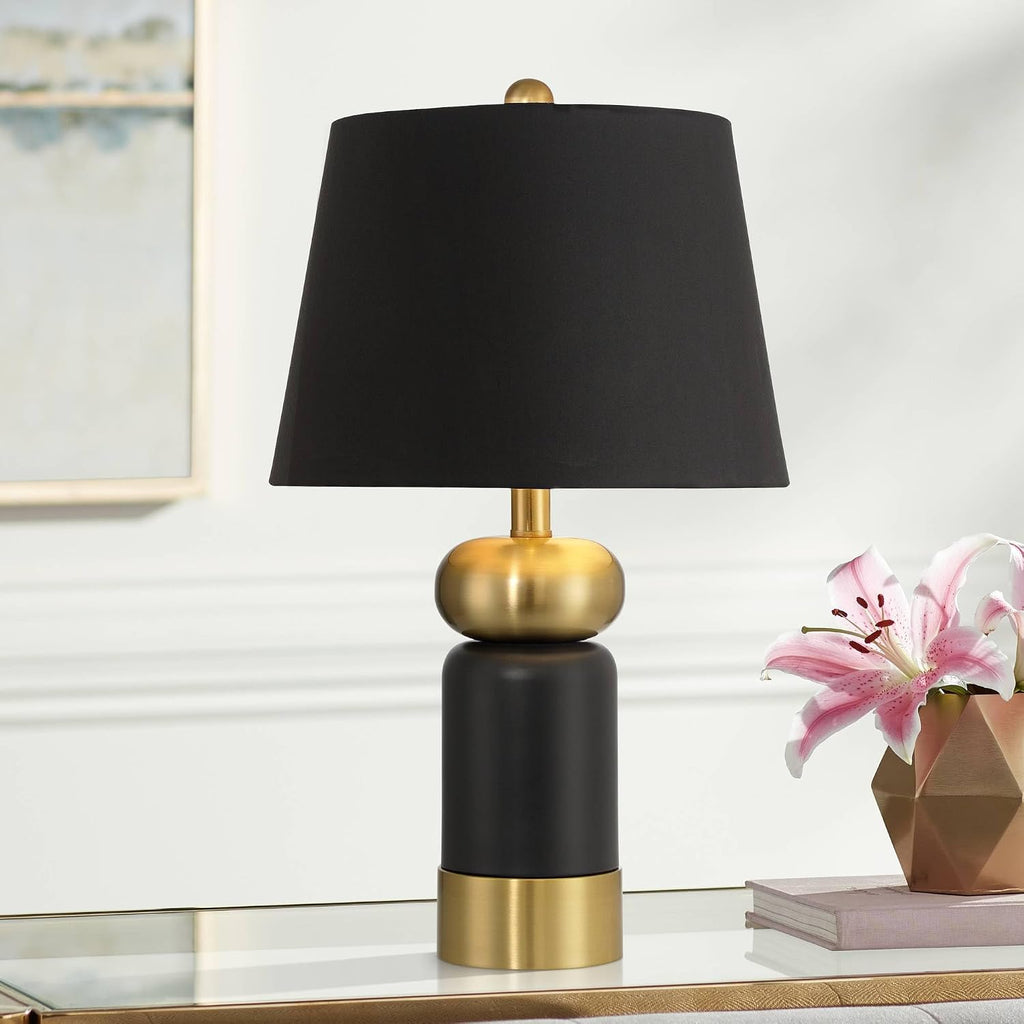 360 Lighting Anthem 19' High Small Modern Accent Table Lamps Set of 2 Black Gold Brass Finish Metal Fabric Black Shade Living Room Bedroom Bedside Nightstand House Office Home Reading Kitchen