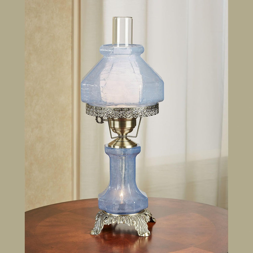 Isabel Hurricane Style Hand-Blown Crackled Glass Victorian Table Lamp Blue | Vintage Lighting for Bedroom, Living Room, Office Desk | Antique Parlor Lampshades with Nightlight