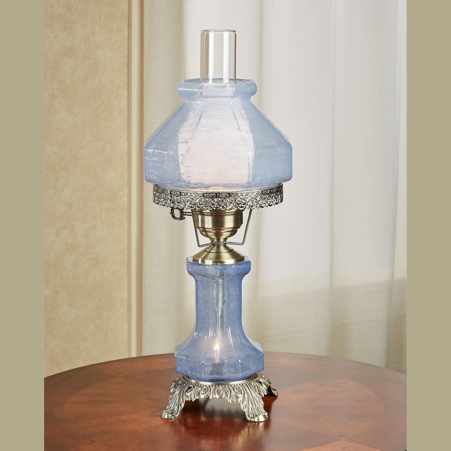 Isabel Hurricane Style Hand-Blown Crackled Glass Victorian Table Lamp Blue | Vintage Lighting for Bedroom, Living Room, Office Desk | Antique Parlor Lampshades with Nightlight