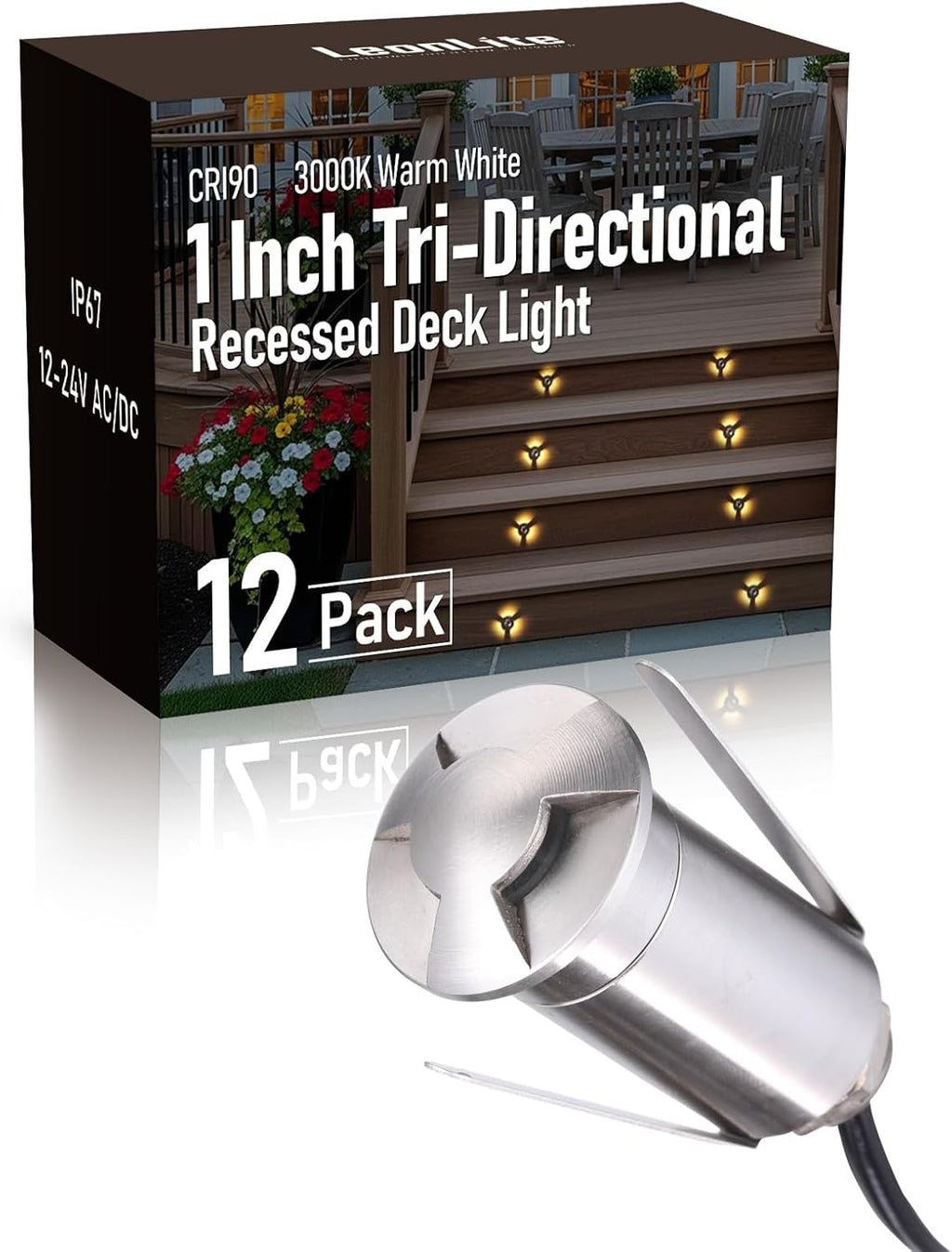 LEONLITE 12-Pack Low Voltage Recessed LED Deck Light, IP67 Waterproof, 12–24V AC/DC, Triple Beam 75° Clover Glow, 1W 3000K 1.3-Inch Mini Flush Mount, Stainless Steel for Patio Pathway Stair Deck