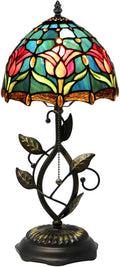 Small Tiffany Lamp Red Blue Tulips Style Stained Glass Table Lamps Desk Bedside Reading Light 8X8X18 Inches with Bronze Metal Leaf Resin Base