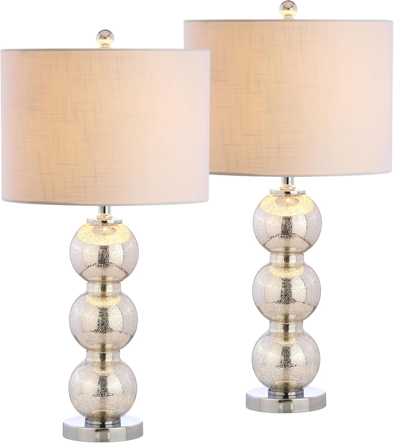 JONATHAN Y 27' Mercury Silver/Chrome Triple-Sphere Glass Table Lamp Set of 2, Bedside, White Linen Shade, Modern Table Lamps for Living Room, Bedroom, Office, LED Bulbs Included (JYL1070B-SET2)