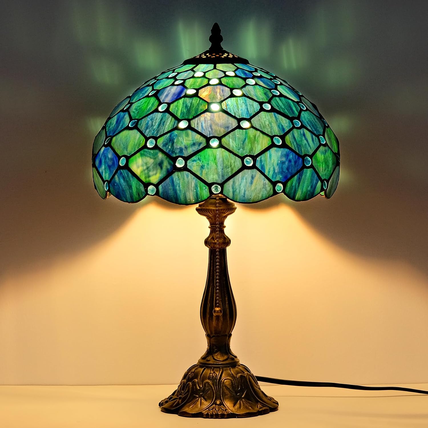 Tiffany Style Table Lamp Vintage Stained Glass Desk Lamp Sea Blue Pearls Bedside Reading Light Decor Bedroom Living Room Entry Home Office D12 xH18