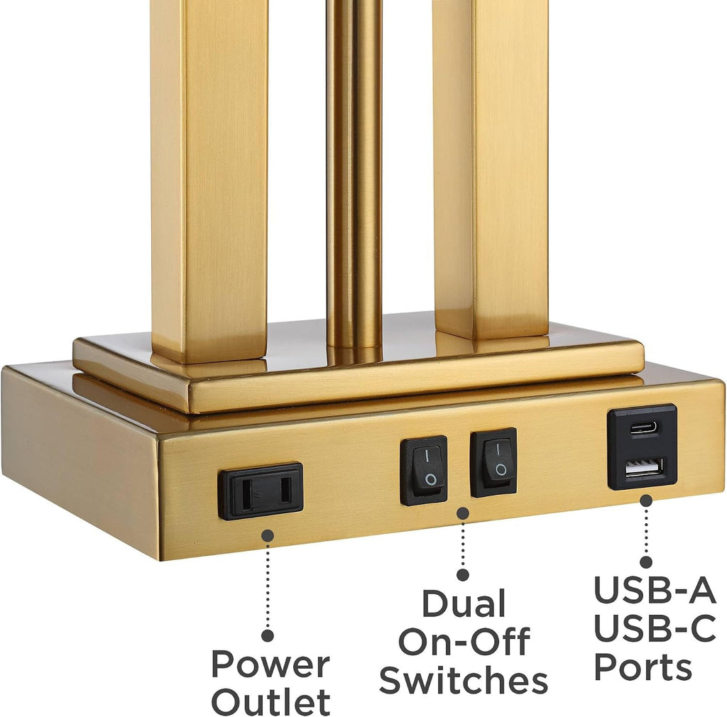 Possini Euro Design Deacon 26' High Traditional Desk Lamps Set of 2 USB Port AC Power Outlet Gooseneck Gold Brass Finish Metal Oatmeal Shade Home Office Living Room Charging Bedroom Bedside