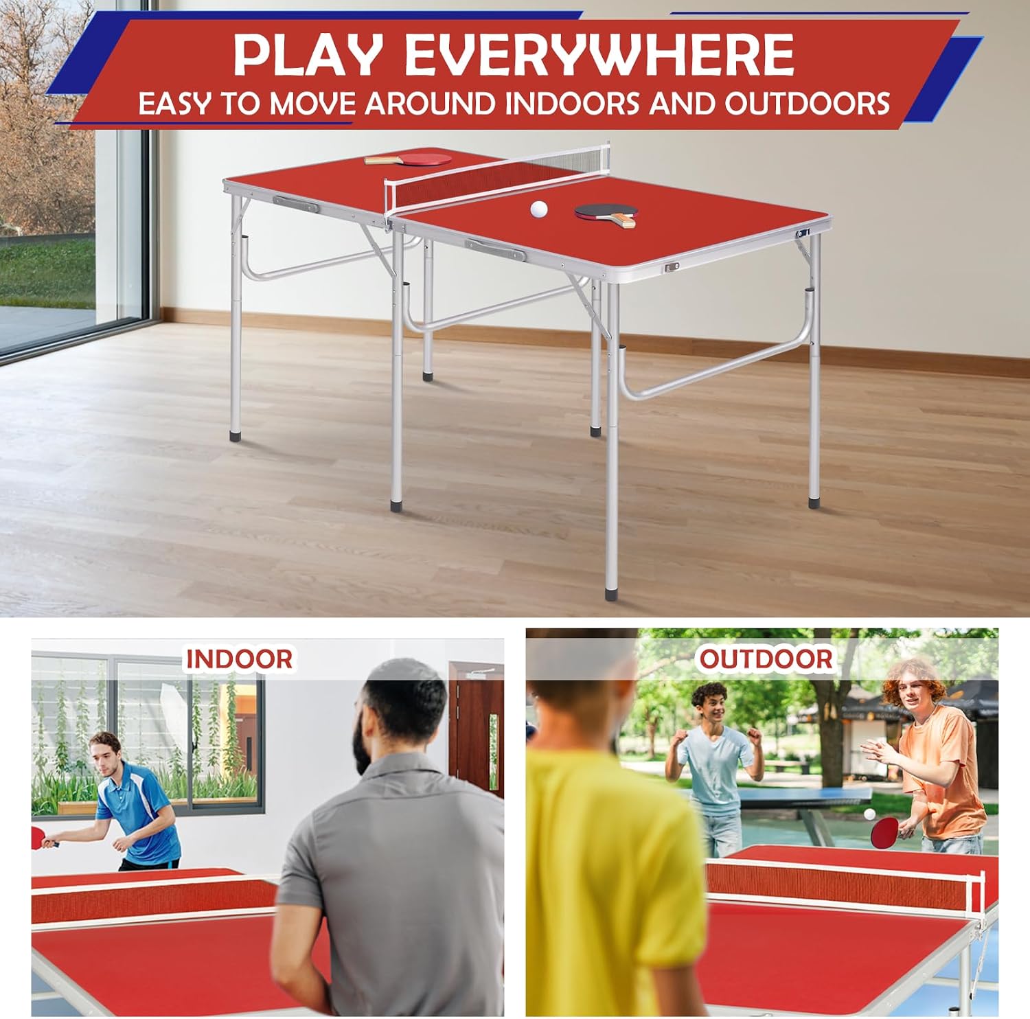 Portable Ping Pong Table, Foldable Indoor Table Tennis Tables Game, Folding Indoor Table Tennis w/ 2 Paddles, 2 Balls and Net for Adults/Teens, Quick Assembly
