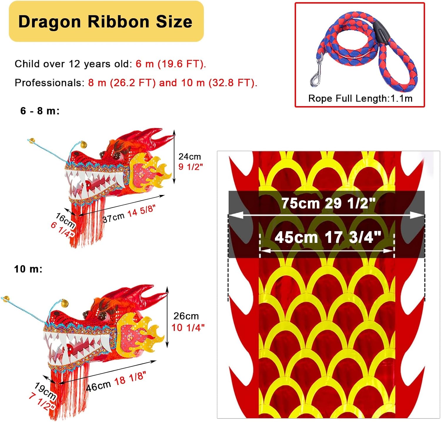 Chinese New Year Dragon Body Ribbon Dancer - Real-Like Plastic Dragon Head - Silk Shaking Streamer - Washable - Perfect for Festivals and Celebrations