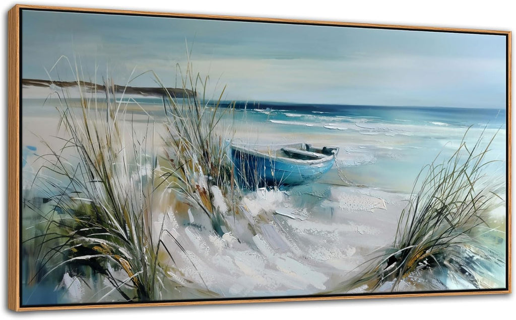 YDYSUNE Large Wall Art Beach Canvas Picture Decor,Blue Coastal Seascape Painting,Boat Landscape Ocean Artwork for Living Room Decoration Framed Size 29x58 Inches