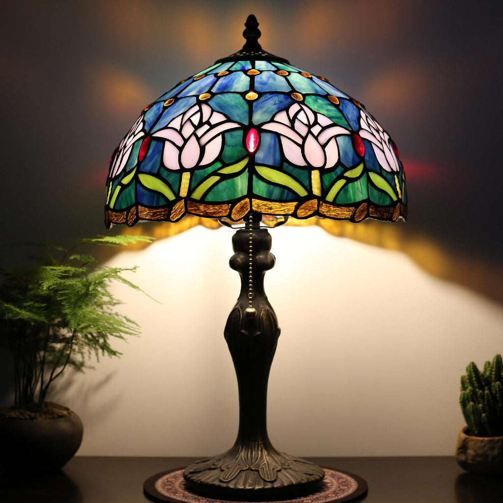Tiffany Lamp Stained Glass Table Lamp 12' x 19' Pink Tulip Style Decorative Lamp Bedside Reading Lamp for Desk Living Room Bedroom Office Study Light Home Decor Gift