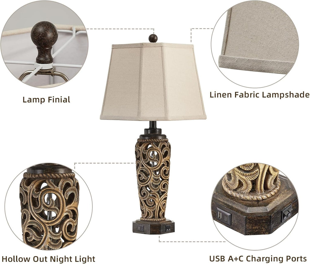 AIEAMPDO 27' Set of 2 Farmhouse Table Lamps for Living Room with USB A+C Ports, Vintage Nightstand Bedroom Lamp and Nightlight, Hollow Out Resin Desk Lamps, 2 Bulbs Include