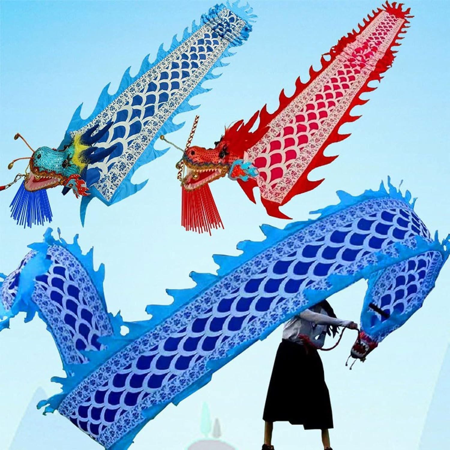 Traditional Dragon Lion Dance Chinese Lion Dance Ribbon Streamer 3D Plastic Dragon, Cloth Props for Fitness Exercise Performance Chinese New Year(A,10m)