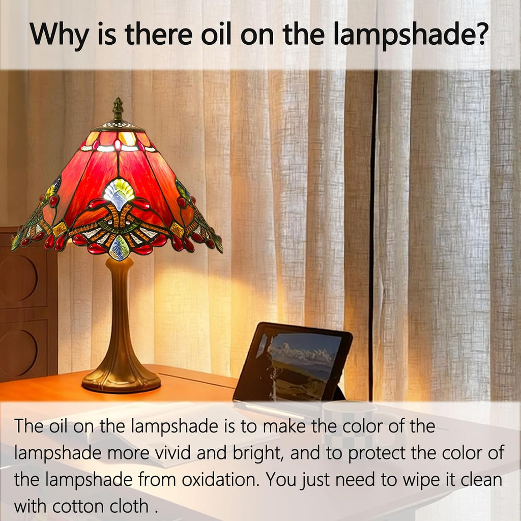 12 Inch Baroque Style Tiffany Table Lamp, Vintage Stained Glass Desk Lamp with Remote Control, 3 Color Temperature & Brightness Level for Office Home Bedroom Living (Red)