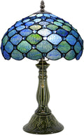 Tiffany Lamp Stained Glass Table Lamps Sea Blue Water Ripple Pearl Style Desk Lamp12X12X18.5 Inch Bronze Ceramic Base Reading Light Suitable for Bedside Bedroom Living Room Dining Room Office