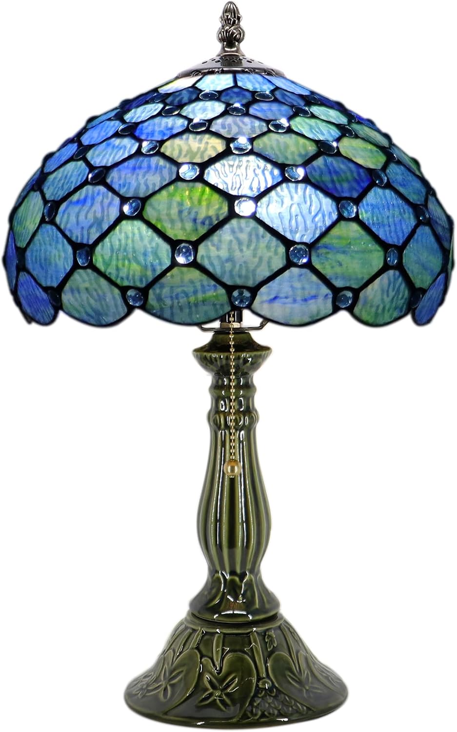 Tiffany Lamp Stained Glass Table Lamps Sea Blue Water Ripple Pearl Style Desk Lamp12X12X18.5 Inch Bronze Ceramic Base Reading Light Suitable for Bedside Bedroom Living Room Dining Room Office