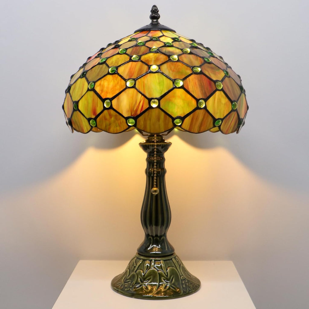 Tiffany Lamp Stained Glass Table Lamps Brownish Green Pearl Style Desk Lamp 12X12X18.5 Inch Bronze Ceramic Base Reading Light Suitable for Bedside Bedroom Living Room Dining Room Office