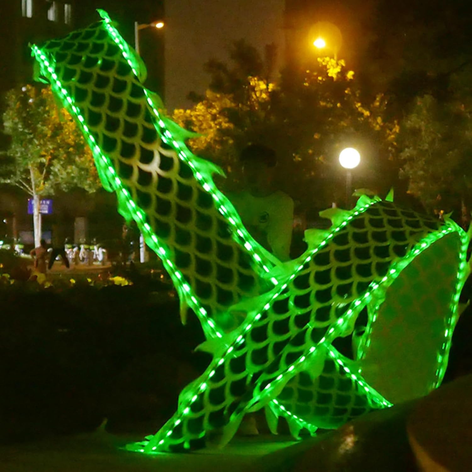 Green Dragon Ribbon with 3D Plastic Dragon Head, Dazzling Light Up Outdoor Dragon Dance Silk Poi for Garden, Park, Handheld Flowy Juggling Fitness Throw Streamer