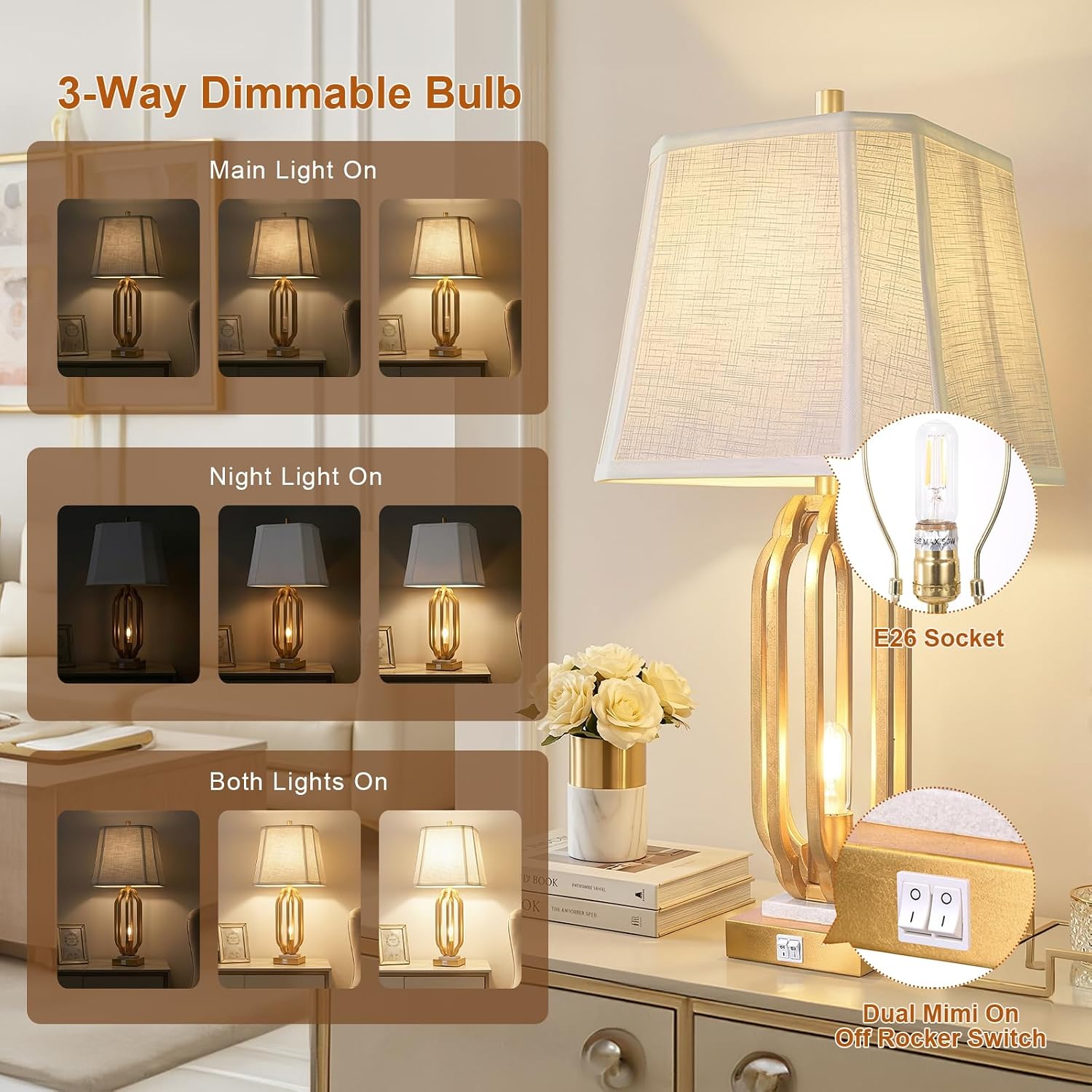 28' Iron Art Table Lamp Set of 2 for Living Room, Modern Gold Leaf Desk Lamps with Nightlight and 2 USB Charging Ports, Farmhouse Bedside Lamp for Bedroom Nightstand, 3 Way Dimmable Bulb Included