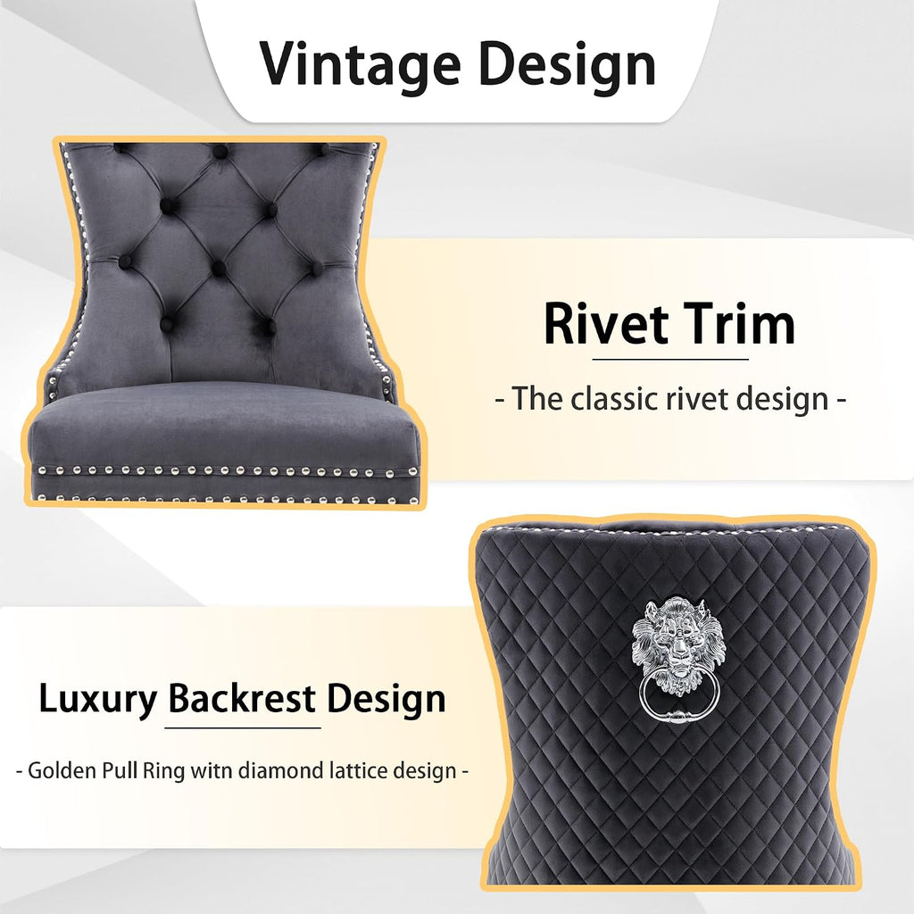 Velvet Dining Chairs Set of 6, Upholstered Dining Room Chairs, Mid-Century Modern Chairs with Diamond Lattice Tufted Back, Lion Pull Ring Rivet Trim, Silver Metal Legs for Kitchen, Dark Grey