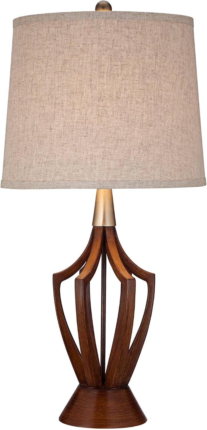 360 Lighting St. Claire Mid Century Modern 3-Way Table Lamp 30 3/4' Tall with USB Charging Port Wood Taupe Fabric Drum Shade for Bedroom Living Room Nightstand Bedside Night Stand Office
