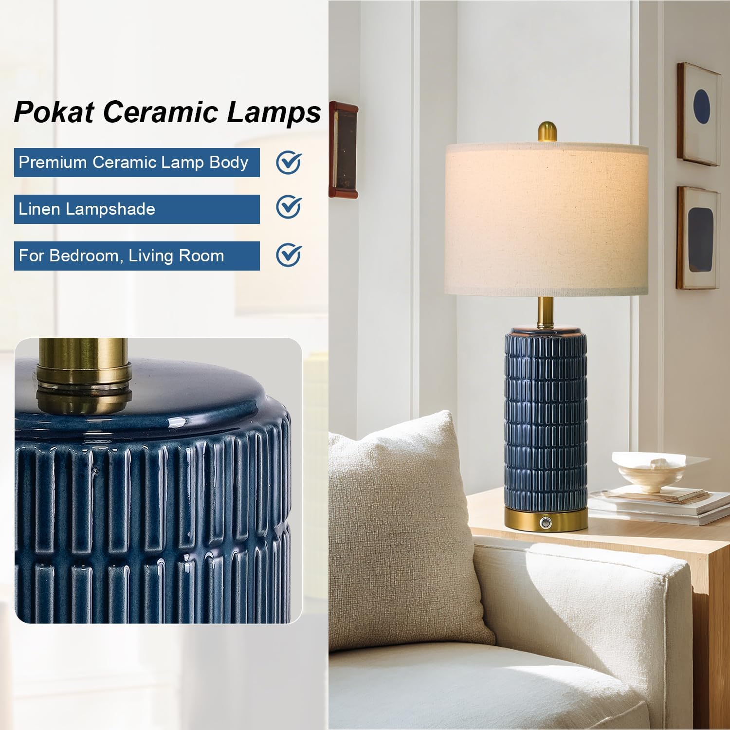 PoKat Touch Bedside Table Lamps with USB Ports for Bedroom, 25'' Dimmable Nightstand Touch Lamps for Living Room, Blue Ceramic Lamps with Gold Base for Night Stands Bedroom, Nursery, Dark Blue