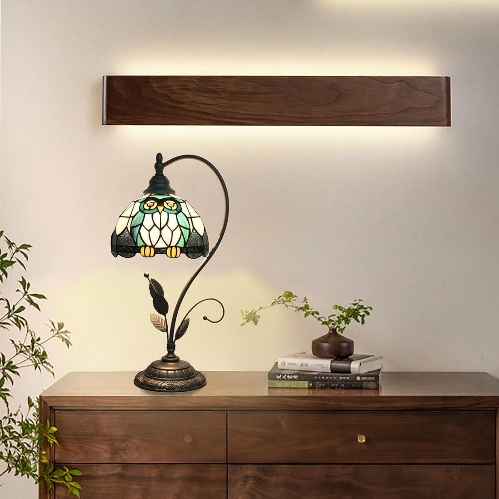 Tiffany Table Lamp Owl Stained Glass Bedside Lamp Tiffany Style S Metal Leaves Desk Light for Home Living Room Office Dormitory Bar Family Friends Gift