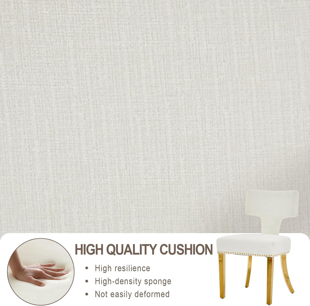 Dining Chair Set of 2 Linen Fabric Curved Backrest Farmhouse Mid Century Accent Upholstered Kitchen Chairs with Gold Legs and Foot Pad for Dining Room/Living Room/Restaurant,Beige