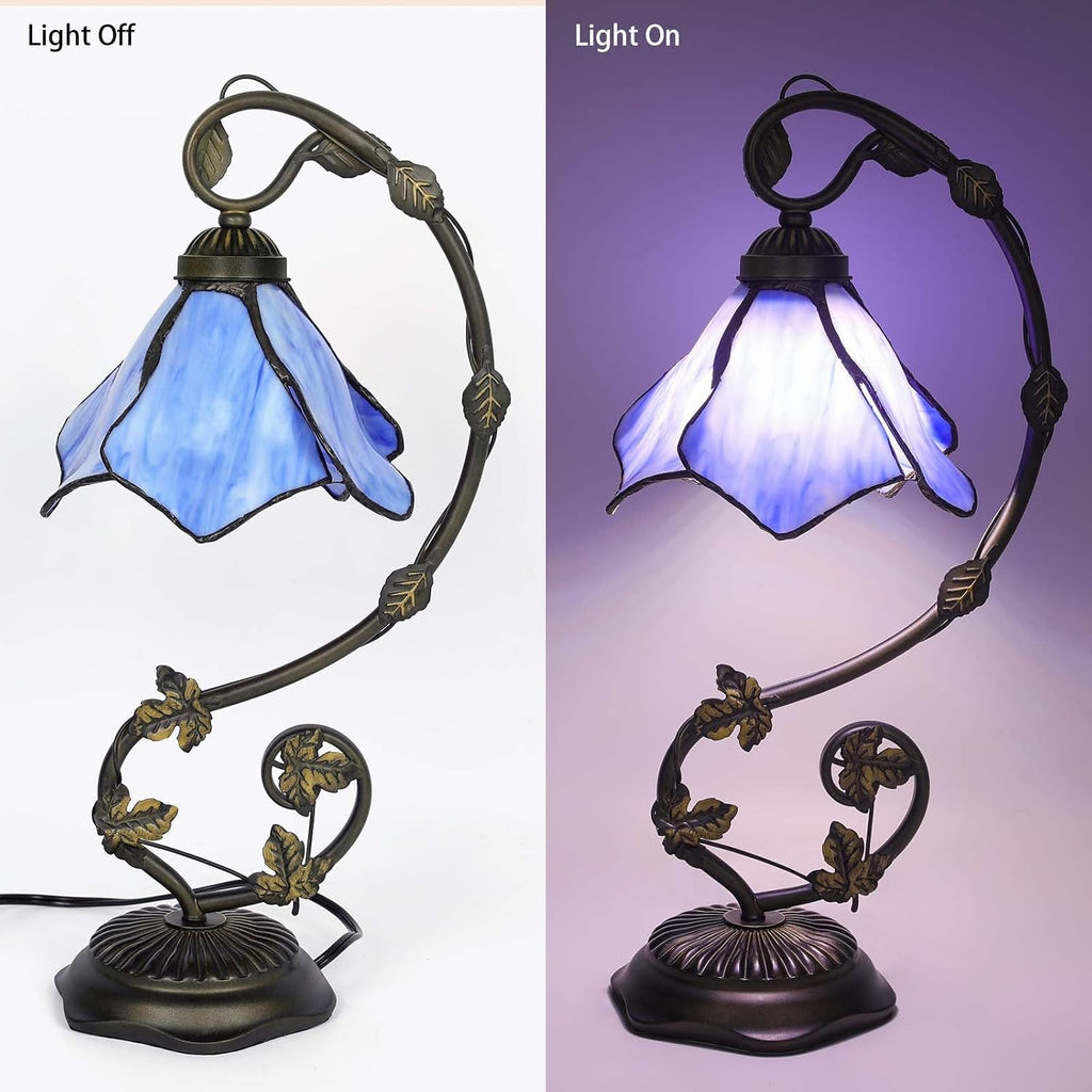Stained Glass Table Lamp, Blue Flower Style Metal Leaf Base Desk Reading Light, Adjustable 3 Color Temperature Decor for Bedroom Home Office