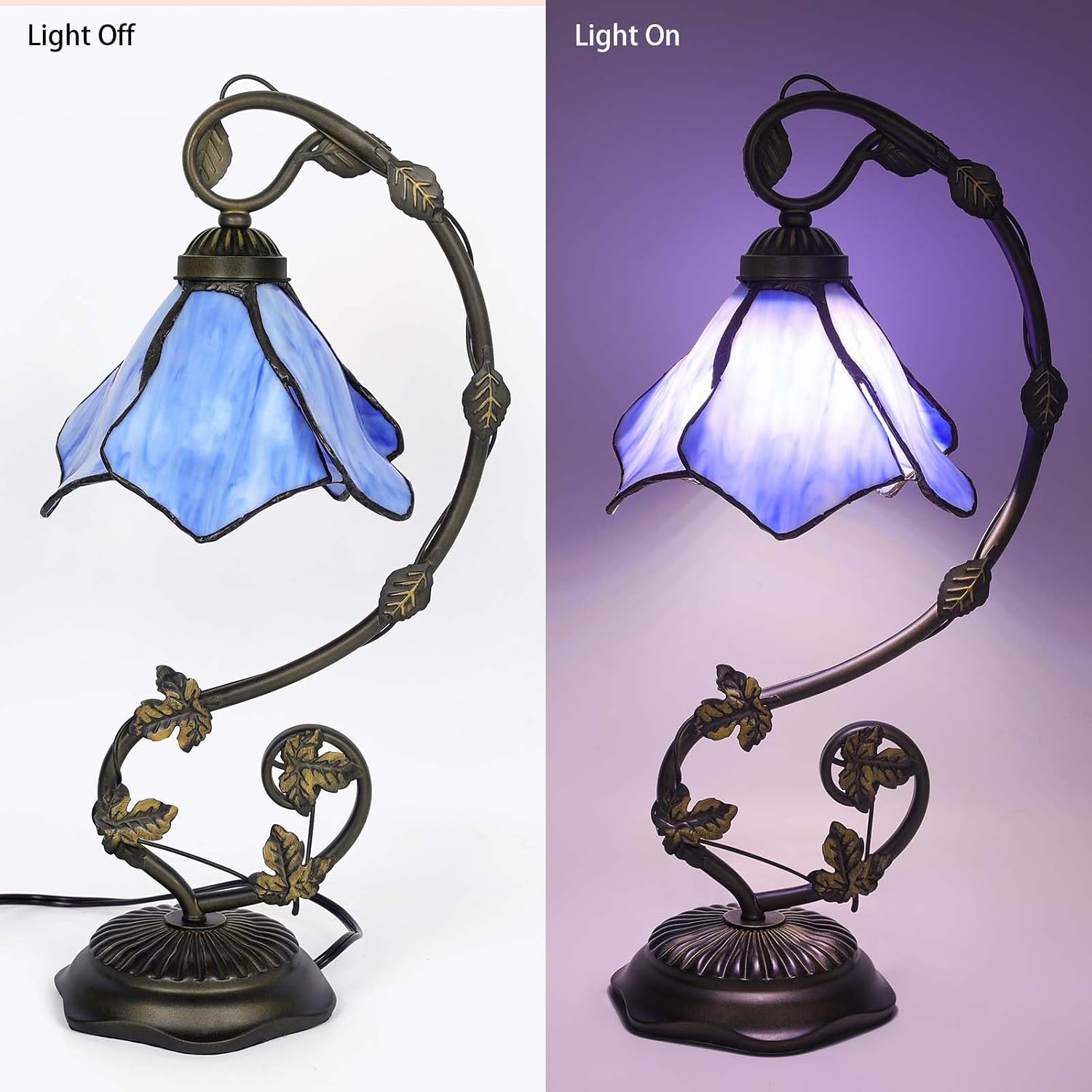 Stained Glass Table Lamp, Blue Flower Style Metal Leaf Base Desk Reading Light, Adjustable 3 Color Temperature Decor for Bedroom Home Office