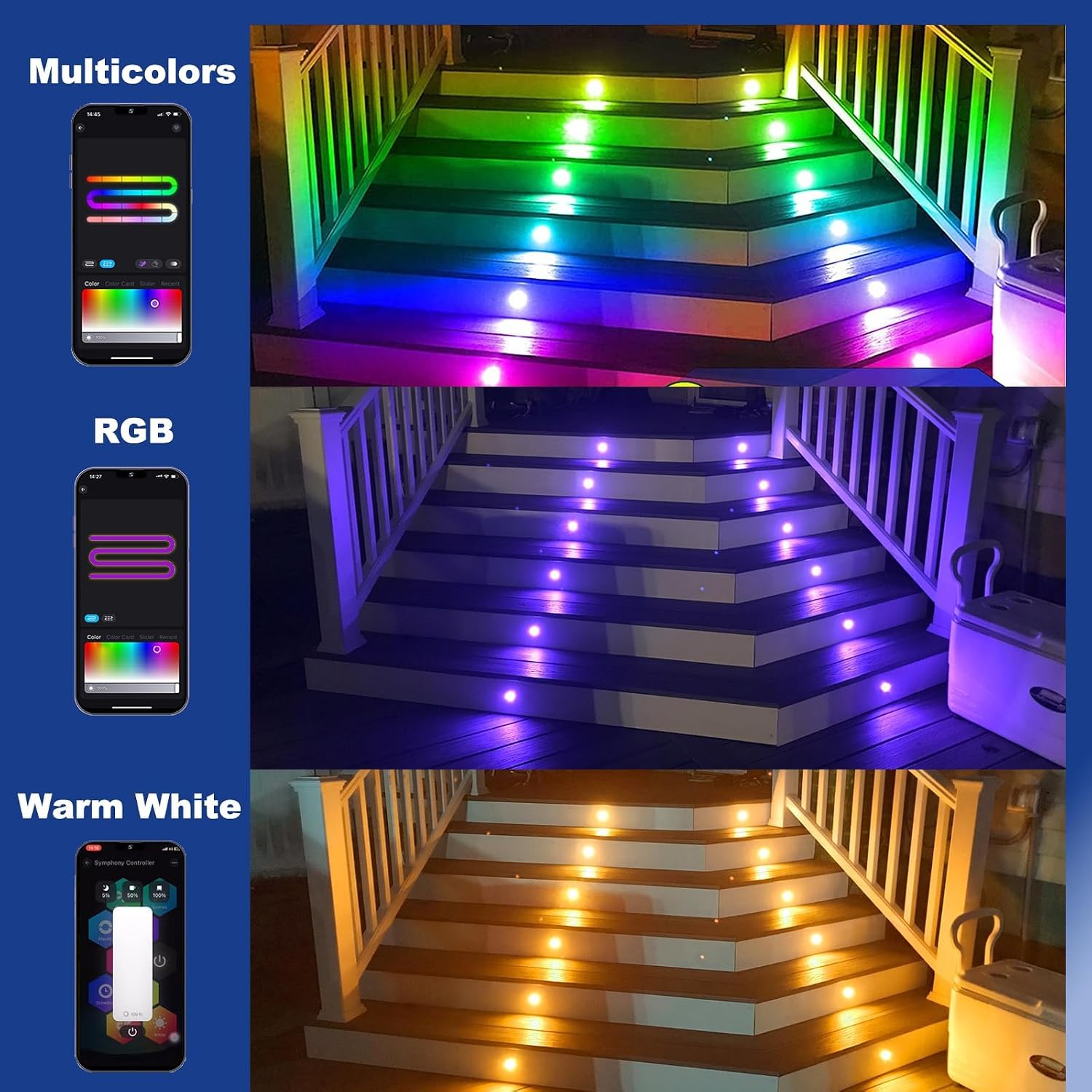 Sumaote LED Deck Lights Kit, 30Pack 1.22' WiFi RGBW+IC Multicolor Dynamic Recessed Low Voltage Deck Lighting, IP67 Waterproof 12V Step Lights Outdoor for Garden Yard Stair