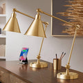 360 Lighting Wray 26 3/4' Tall Modern Desk Lamps Set of 2 USB Port Adjustable Warm Antique Gold Finish Metal Shade Home Office Living Room Charging Bedroom Bedside Nightstand House Reading