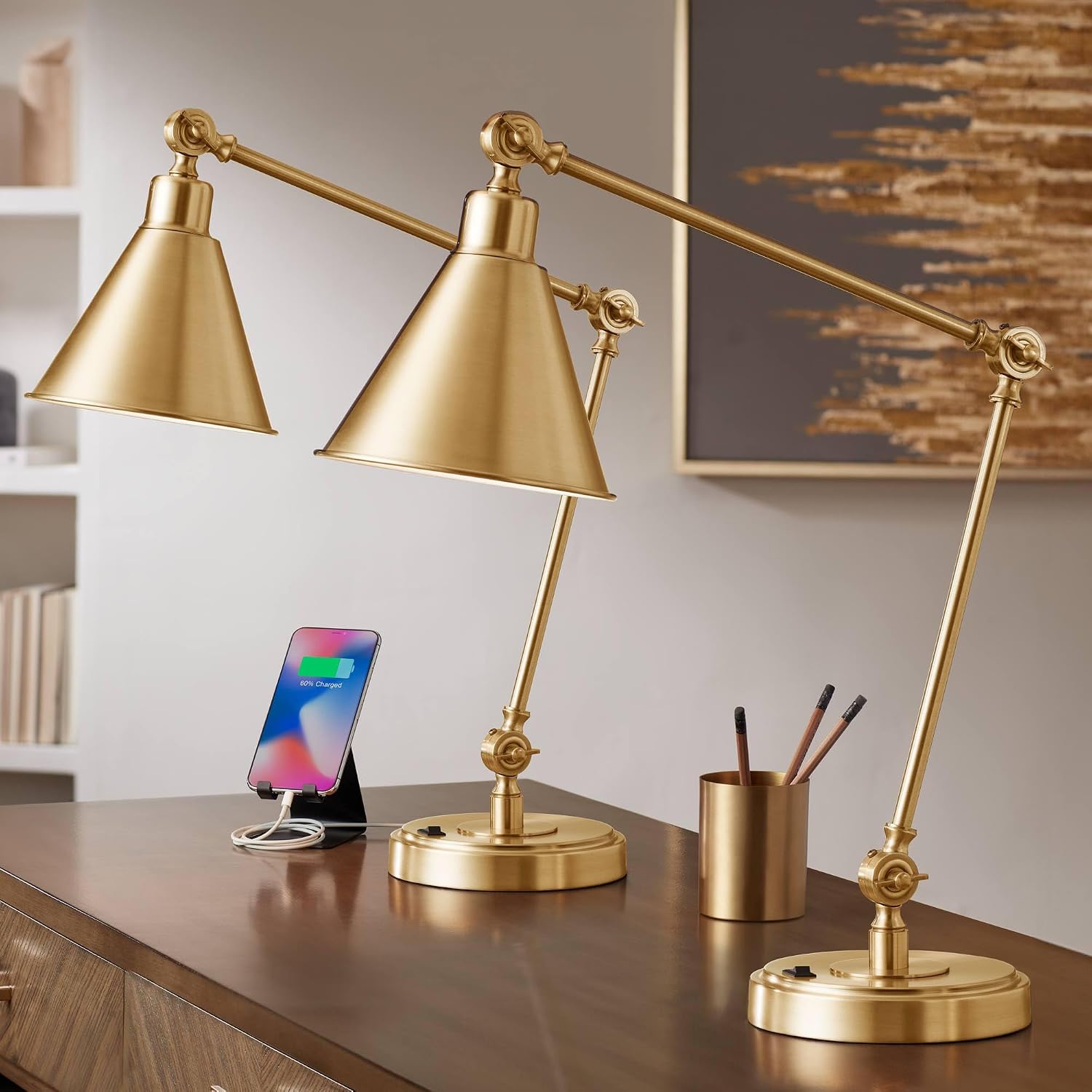 360 Lighting Wray 26 3/4' Tall Modern Desk Lamps Set of 2 USB Port Adjustable Warm Antique Gold Finish Metal Shade Home Office Living Room Charging Bedroom Bedside Nightstand House Reading