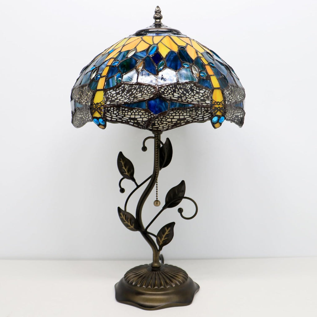 Tiffany Lamp Yellow Dragonfly Style Stained Glass Table Lamp Desk Bedside Reading Light 12X12X19 Inches with Metal Leaf Base
