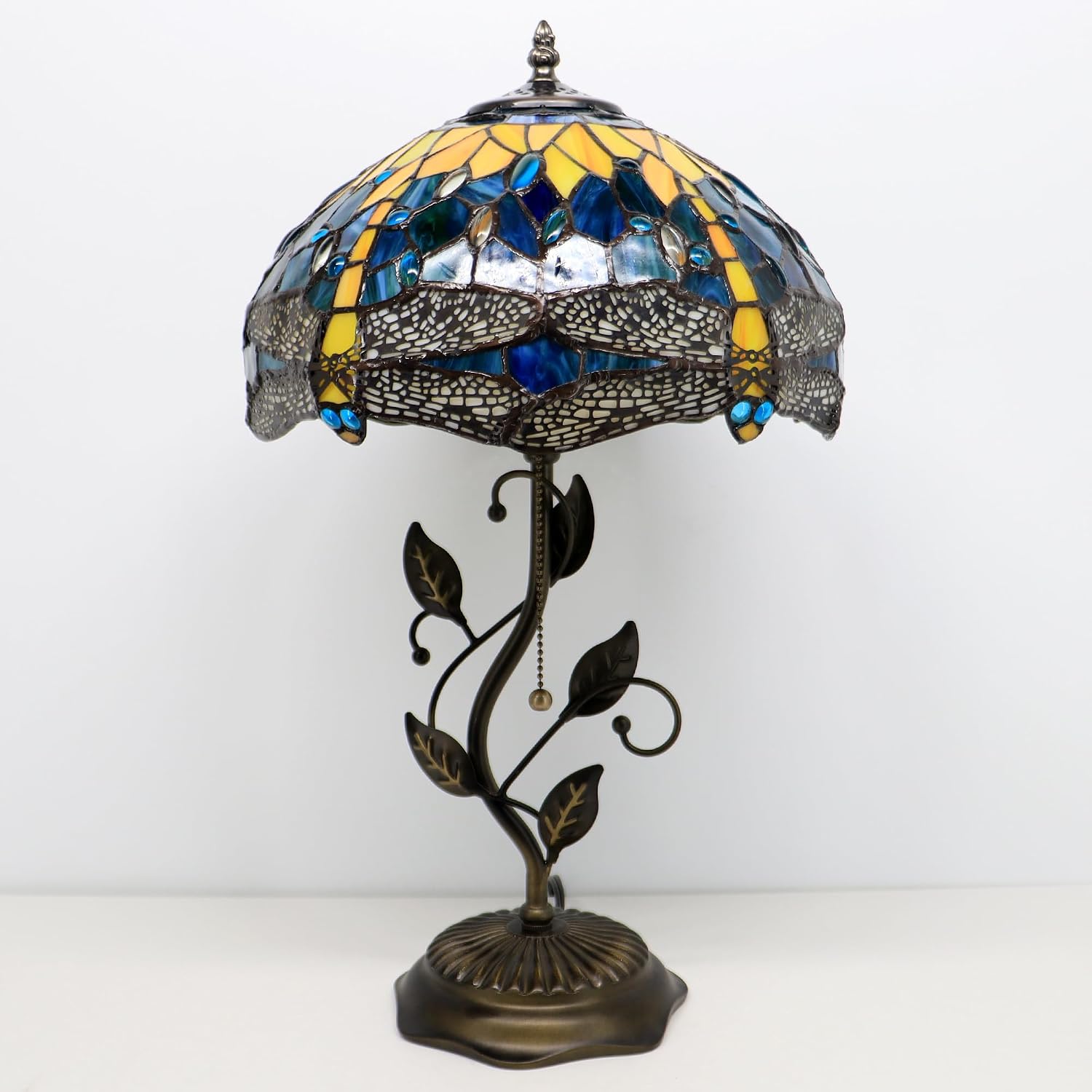 Tiffany Lamp Yellow Dragonfly Style Stained Glass Table Lamp Desk Bedside Reading Light 12X12X19 Inches with Metal Leaf Base