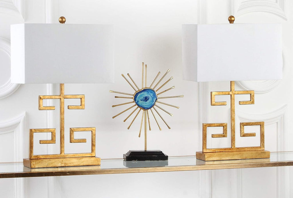 SAFAVIEH Lighting Collection – Set of 2 Greek Key Modern Gold 24-Inch Table Lamps, White Rectangular Shade, LED Bulbs Included, Bedroom Living Room Home Office (LIT4160C-SET2)