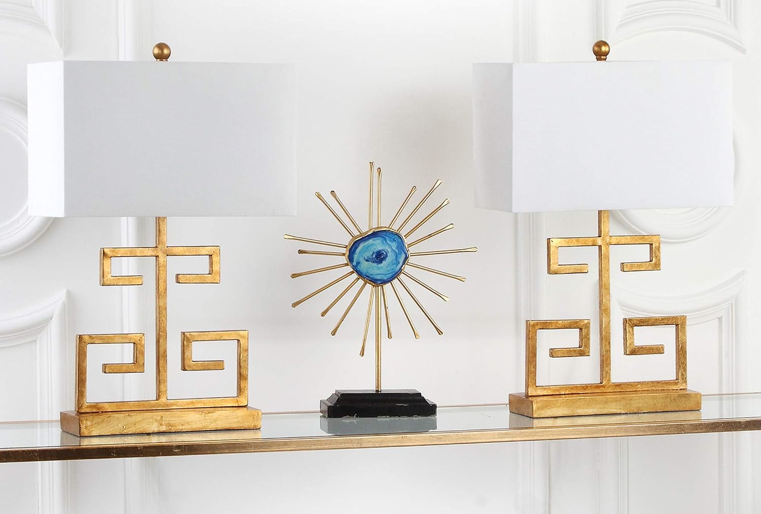 SAFAVIEH Lighting Collection – Set of 2 Greek Key Modern Gold 24-Inch Table Lamps, White Rectangular Shade, LED Bulbs Included, Bedroom Living Room Home Office (LIT4160C-SET2)